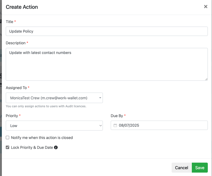 Screenshot of actions