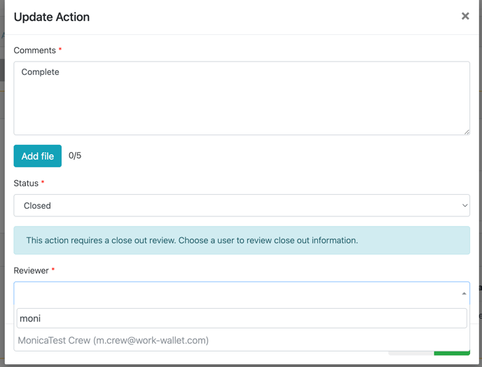 Screenshot of updating an action