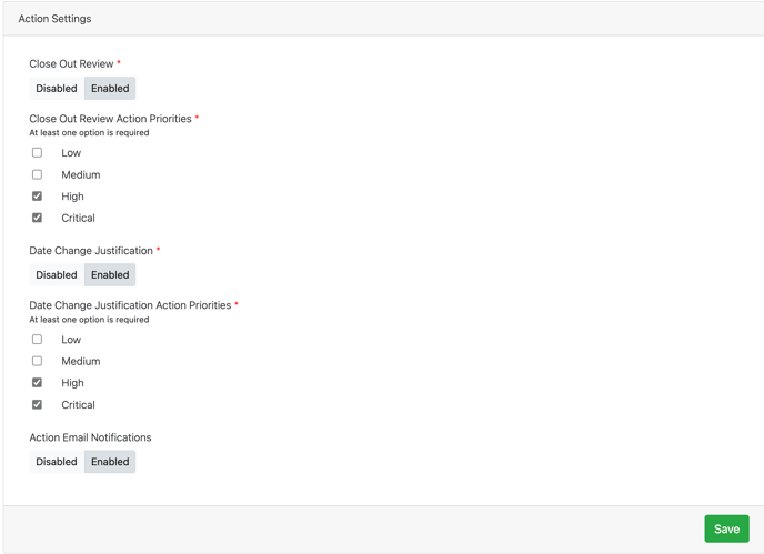 Screenshot of action settings