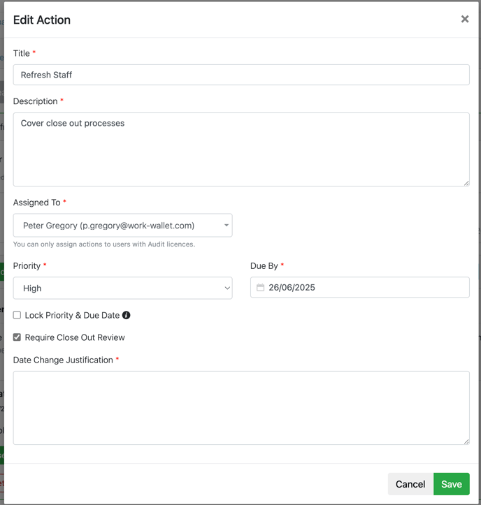 Screenshot of date change justifications